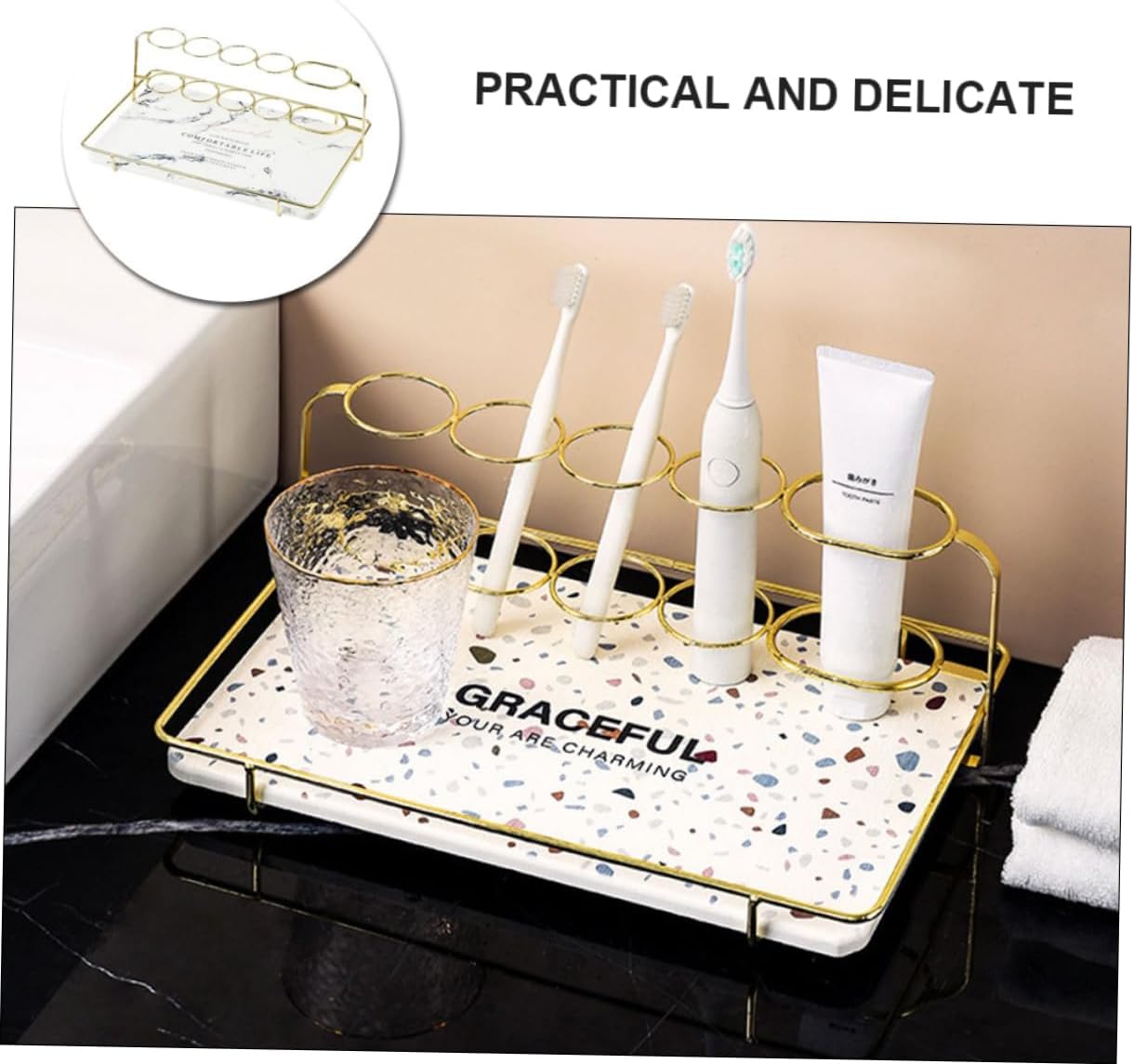 LIFKOME Gold Diatom Mud Toothbrush Holder Waterproof Bathroom Organizer for Electric Toothbrushes Tabletop Storage Rack Cup Suitable for Bathroom Counter Random Style