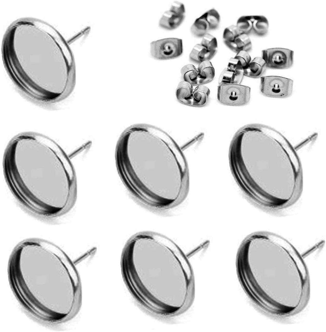 40pcs 12mm Stainless Steel Blank Stud Earring Bezel Setting for Jewelry Making with 40pcs Surgical Steel Earring Backs DIY Findings (9851)