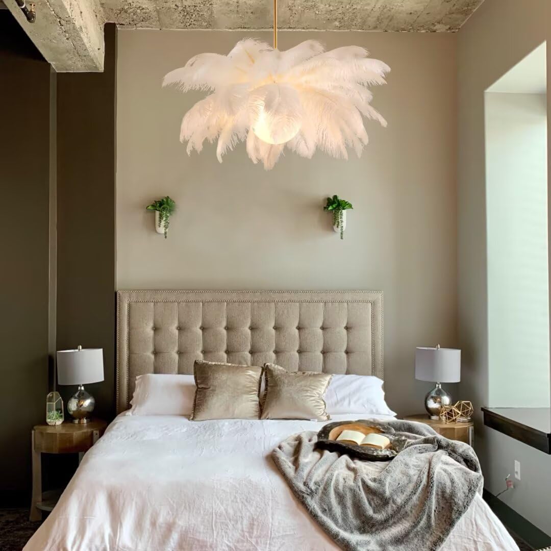 Lámpara colgante de plumas de avestruz blanca, lámpara de techo de plumas, lámpara colgante de plumas, lámpara de techo, accesorio de iluminación de techo para dormitorio, sala de estar
