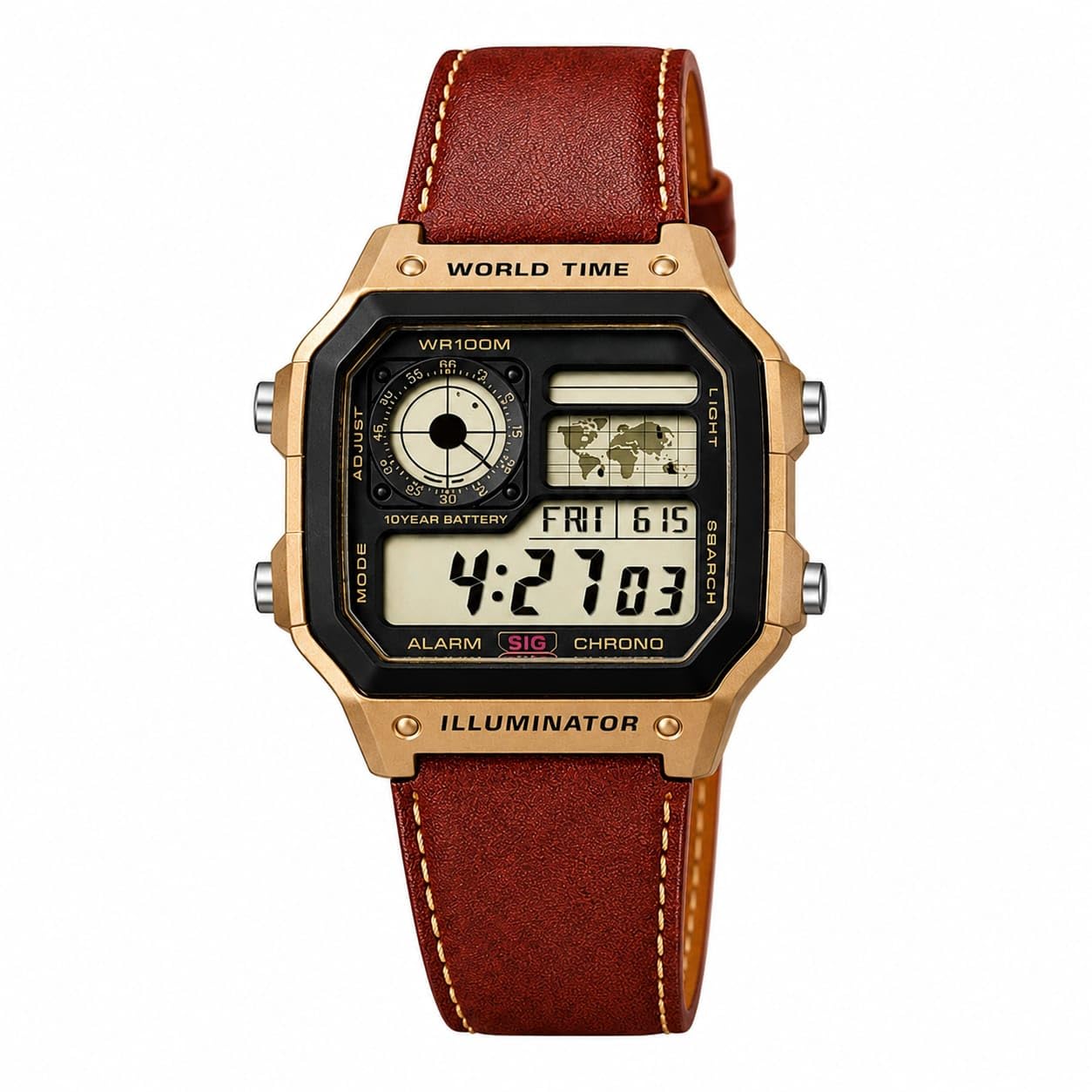 Digital-Analog Wristwatch for Men – Brown Leather Strap, Octagonal Gold-Tone Case, Stop Watch, Alarm Function, Chronograph, Illuminator – Durable & Stylish-image-5