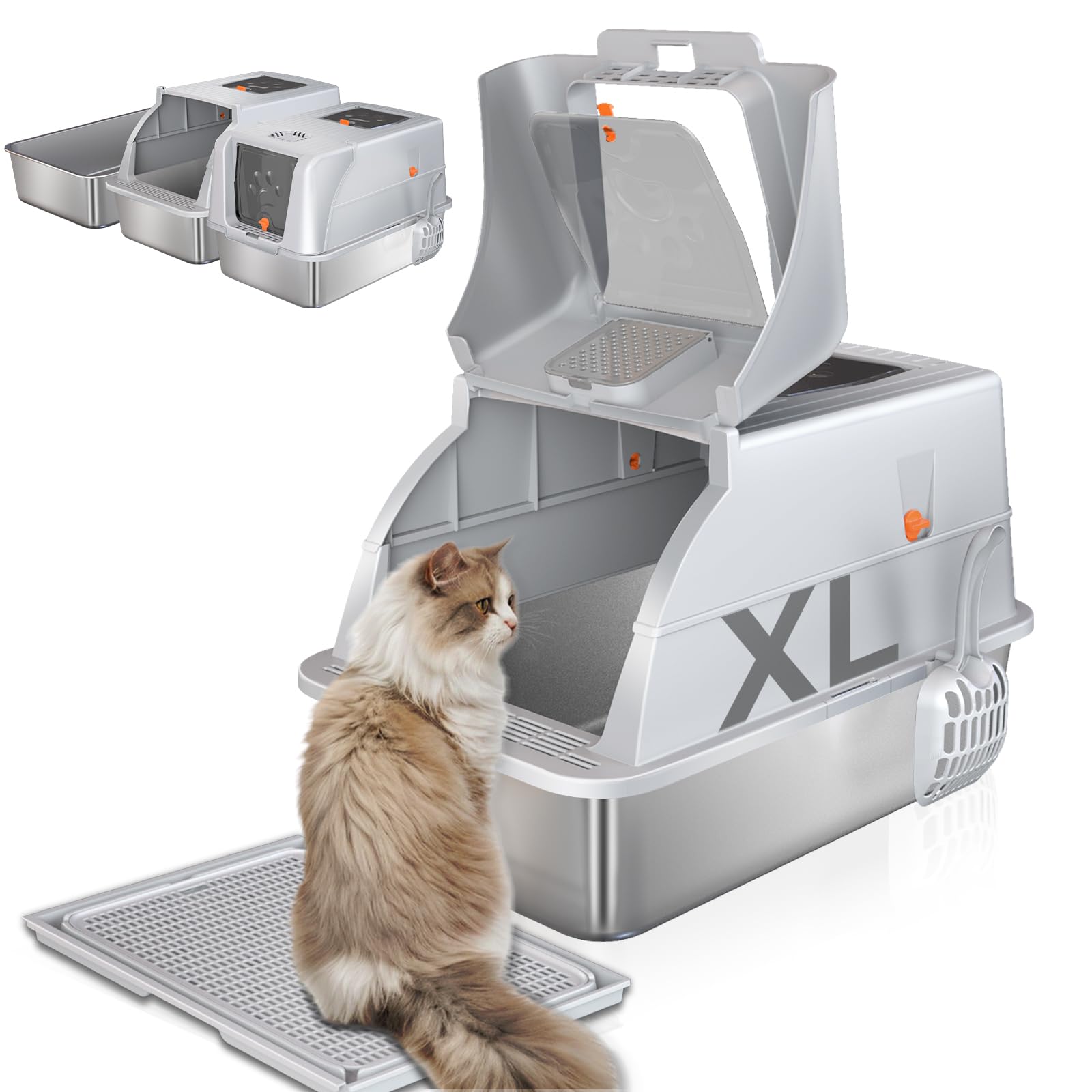Stainless Steel Cat Litter Box with Lid, 180° Flip Top XL Enclosed Litter Box with Cat Pedal Step Stool & Scoop, Front Top Dual Entry Steel Extra Large Cats Litter Pan, Light Grey