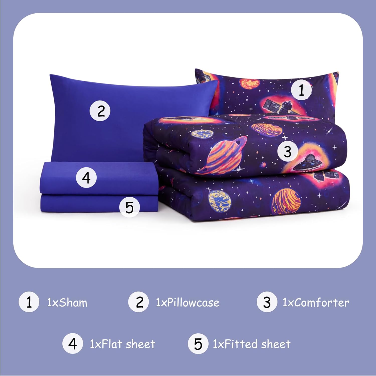 Twin Kids Comforter Set - 5 Pieces Twin Bedding Sets for Boys Teen, Outer Space Rocket Bed in A Bag with Sheets - Image 7