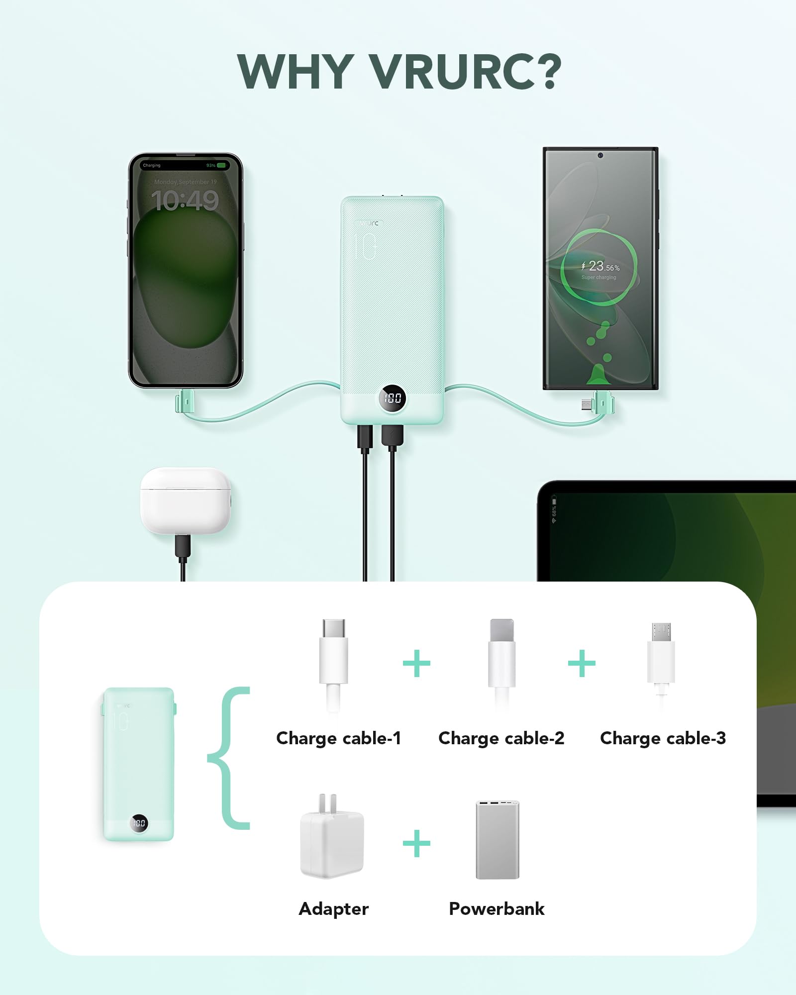 VRURC Portable Charger Built-in Cables and AC Wall Plug, USB C Power Bank 10000mAh, Travel Battery Portable Phone Charger Compact Lightweight External Battery Pack for Smart Phones, Tablets etc-Green view 4