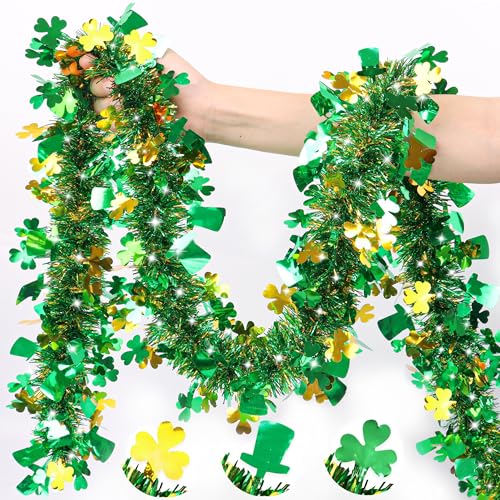 50FT St Patricks Day Garland Decor Green Gold Shamrock Hat Tinsel Garland, Shiny Metallic Streamer Hanging Shamrock Decor Saint Patricks Day Decorations for Home Indoor Outdoor Irish Party Supplies