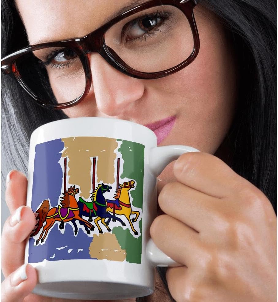 Miniatura 2 de All Smiles Arte AnimalesDiversión Colorful Carrusel de Caballos Folk Art OriginalTazas, NegroBlanco