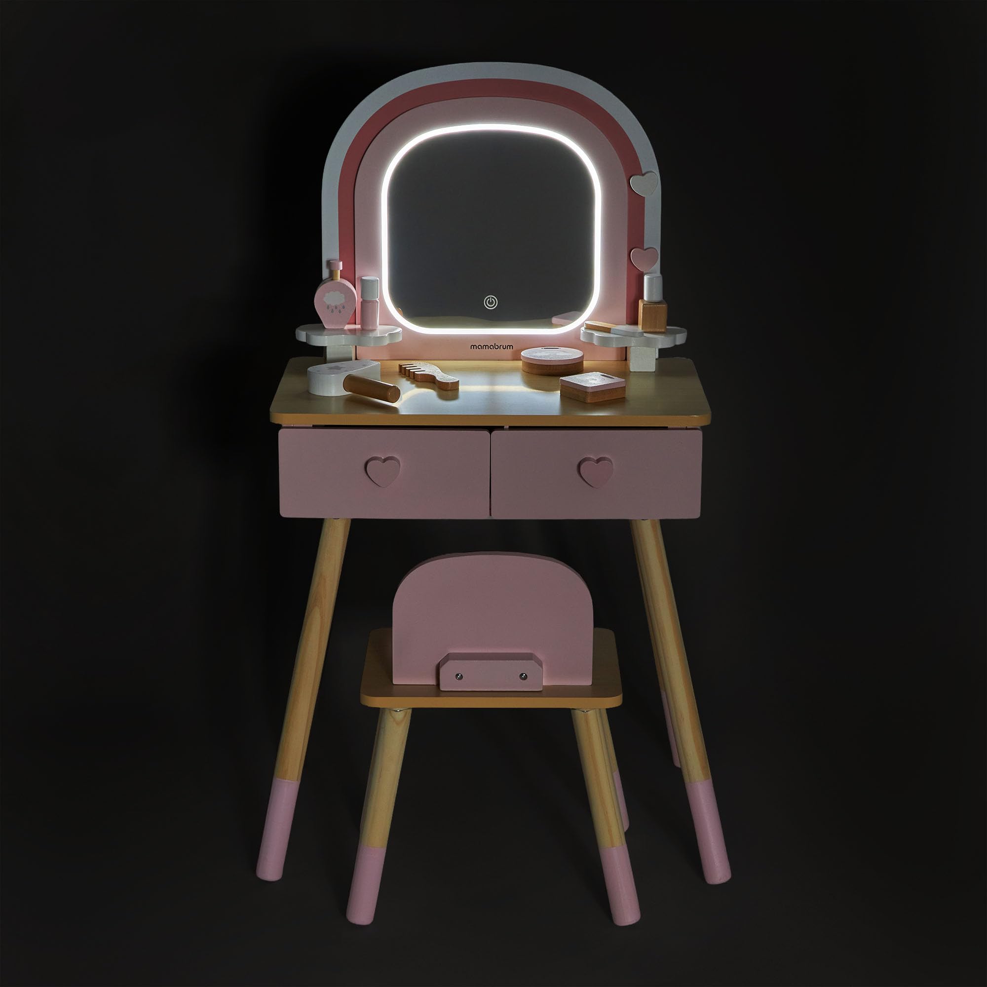 mamabrum Toeletta In Legno Per Bambini Con Specchio LED, Luce Regolabile, Sgabello E Accessori – Arredo Educativo E Creativo Ideale Per La Cameretta E Il Gioco Di Ruolo