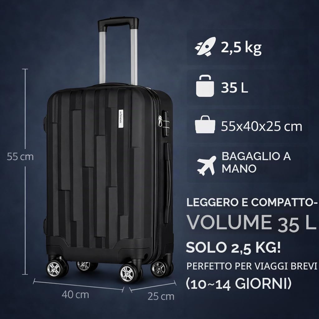 POSH Valigia 55x40x23 cm - Trolley Rigido in ABS Leggero da 35L - Bagaglio a Mano con Lucchetto a Combinazione e 4 Ruote 360° - Peso 2,5 kg - Ideale per Viaggi fino a 4 Giorni