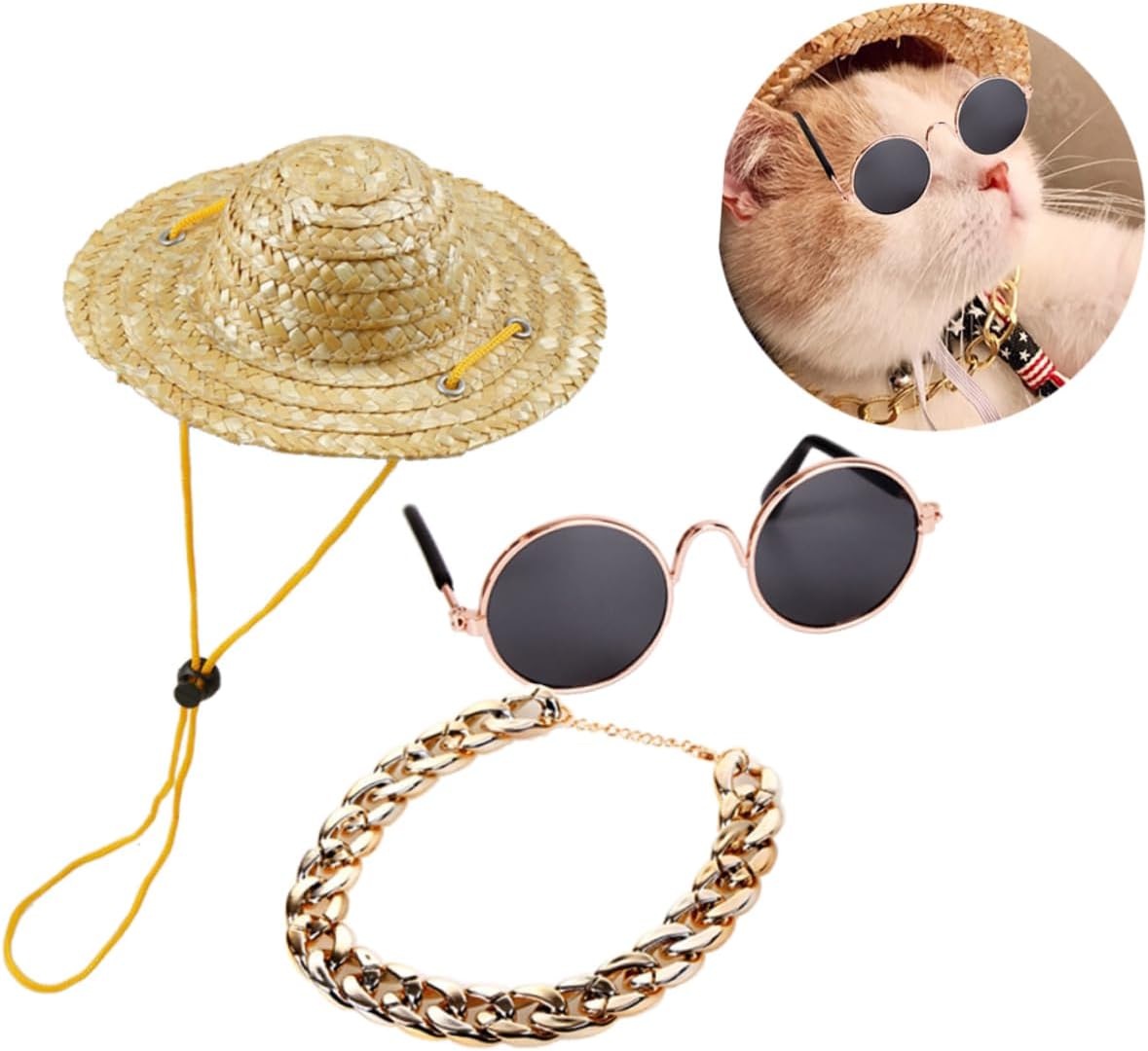Pet Accessories Set Sunglasses Retro Straw Hat Dog Gold Necklace 3Pcs