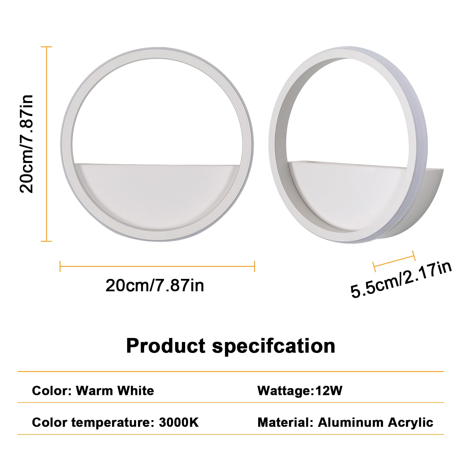 Riserva Rotonda Applique da Parete Moderno, 12W LED Lampada da Parete Interno, Bianco Lampada a Muro Alluminio per Camera da Letto, Soggiorno, Corridoio, Scale, Bianco Caldo 3000K