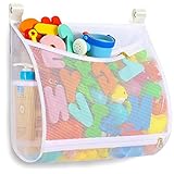 Baby Bath Toy Organizer with Machine Washable, Multiple-Suspension Bath Toy Holder, Large Capacity, 2 Side Bags +4 Strong Hooks (1 Large, White)