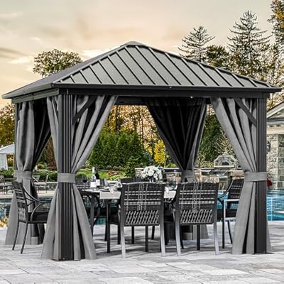 DWVO 10x10ft Hardtop Gazebo with Nettings and Curtains, Heavy Duty Galvanized Steel Outdoor Vertical Stripes Roof for Patio, Backyard, Deck, Lawns, Grey