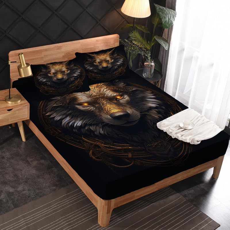 Miniatura 2 de Juego de sábanas Queen  Sábanas de cama de lobo, sábanas y fundas de almohada de color negro y dorado, microfibra suave, bolsillo profundo y sin