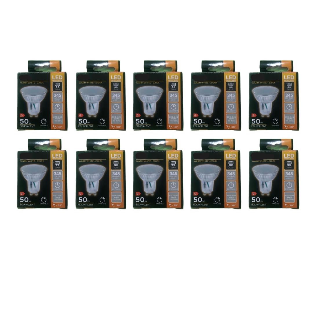 Pack of Ten LED GU10 Dimmable Light Bulbs 4.5W Warm White 2700K 345 Lumens for Home Or Commercial Use | Energy Saving Spotlight Lamps Ideal for Downlights Track Lighting and Halogen Retrofit