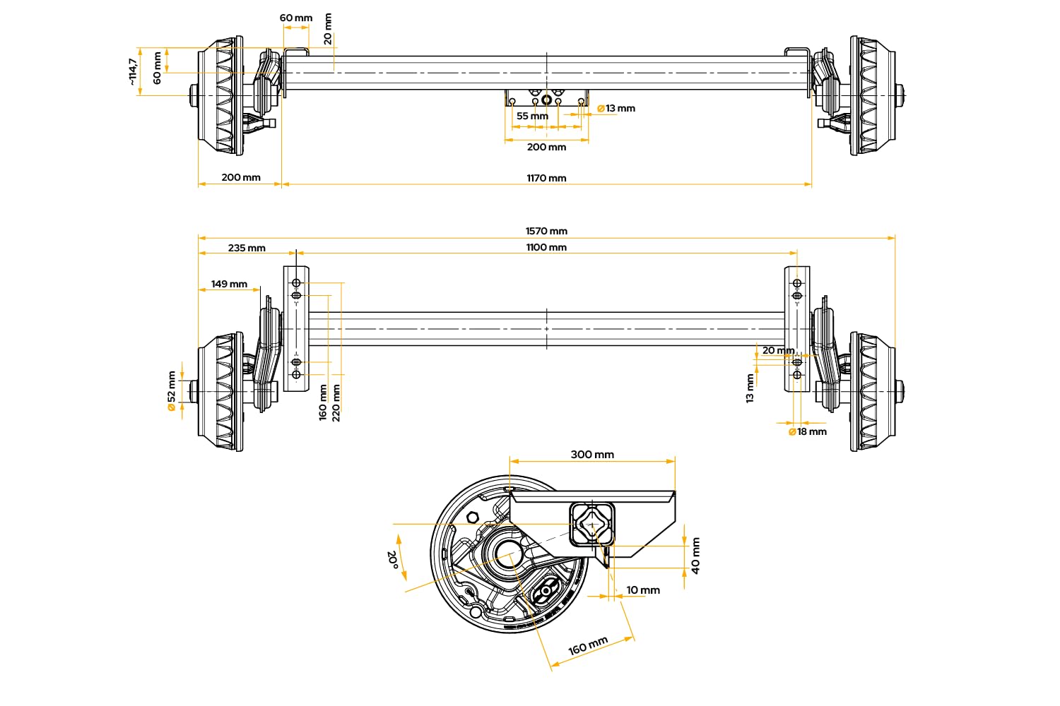 Knott Eje con Freno VGB18MV para Remolque 1800 kg 1100 mm 5x112 | Acero galvanizado en caliente con freno Backmat. Ideal para plataformas de carga pesada, portavehículos y remolques tándem.