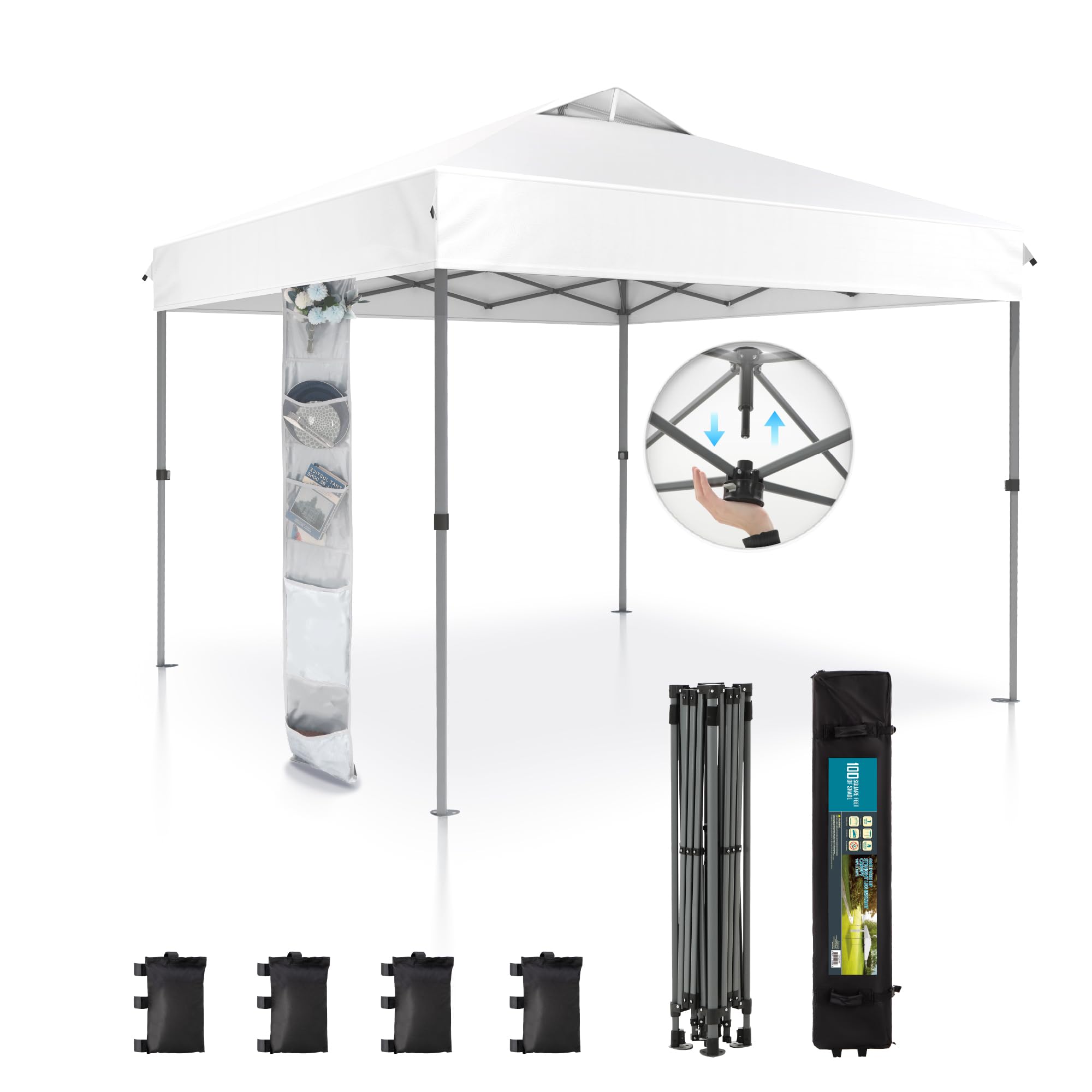 Sophia & William Canopy Tent Pop Up 10x10 ft, One Person Push Set Up Tent, Outdoor Canopies Shelter Heavy Duty Straight Legs with 4 Sandbags & Guy Ropes, 1 Roller Bag & Storage Bag, 8 Stakes, UPF50+