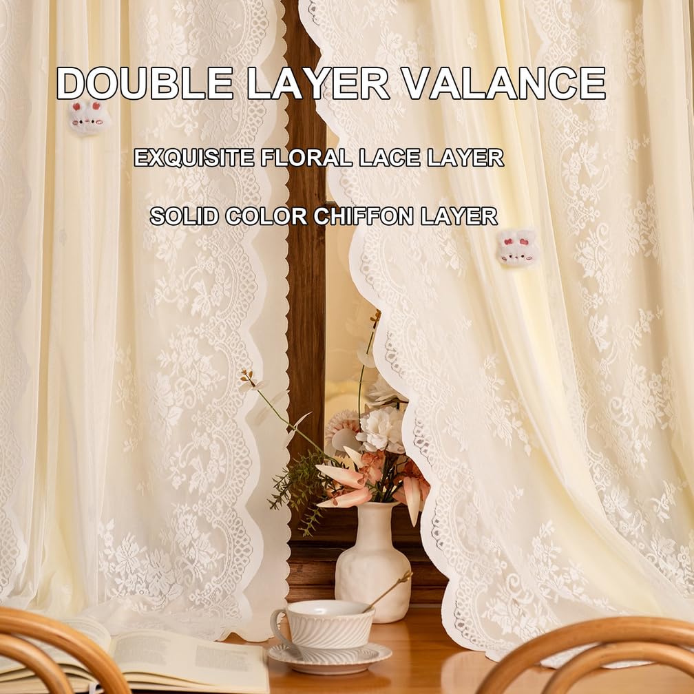 Voilages À Double Couche Beige avec Dessus en Dentelle,Léger Panneaux De Rideaux La Lumière pour La Intimité Lavés pour Chambre Salon Café Ferme,Paste,79" W x 106" L
