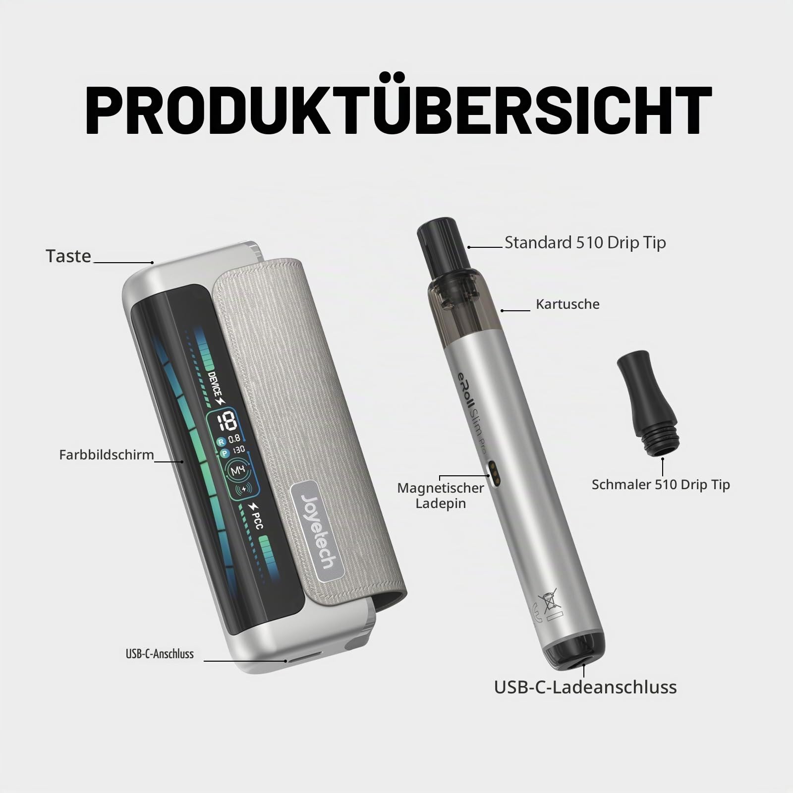 Joyetech Eroll Slim Pro Kits 2000mAh + 480mAh großer Akku Leistungsanpassung großes Display Pod-System nikotinfrei Schwarz