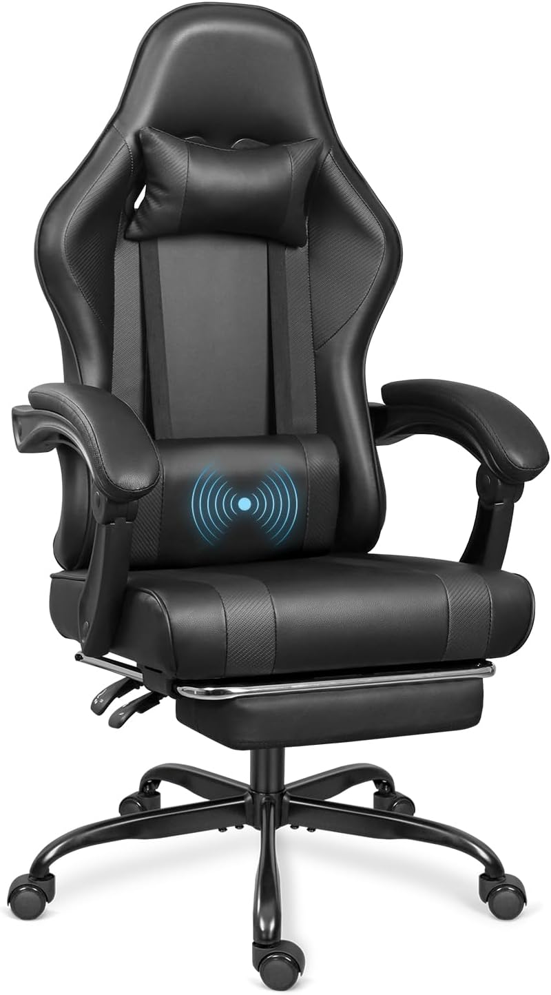 Gaming Chair with Footrest and Massage Lumbar Support, Height Adjustable Game Chair, Video Gaming Chair for Gaming Room, Living Room and Office - Black
