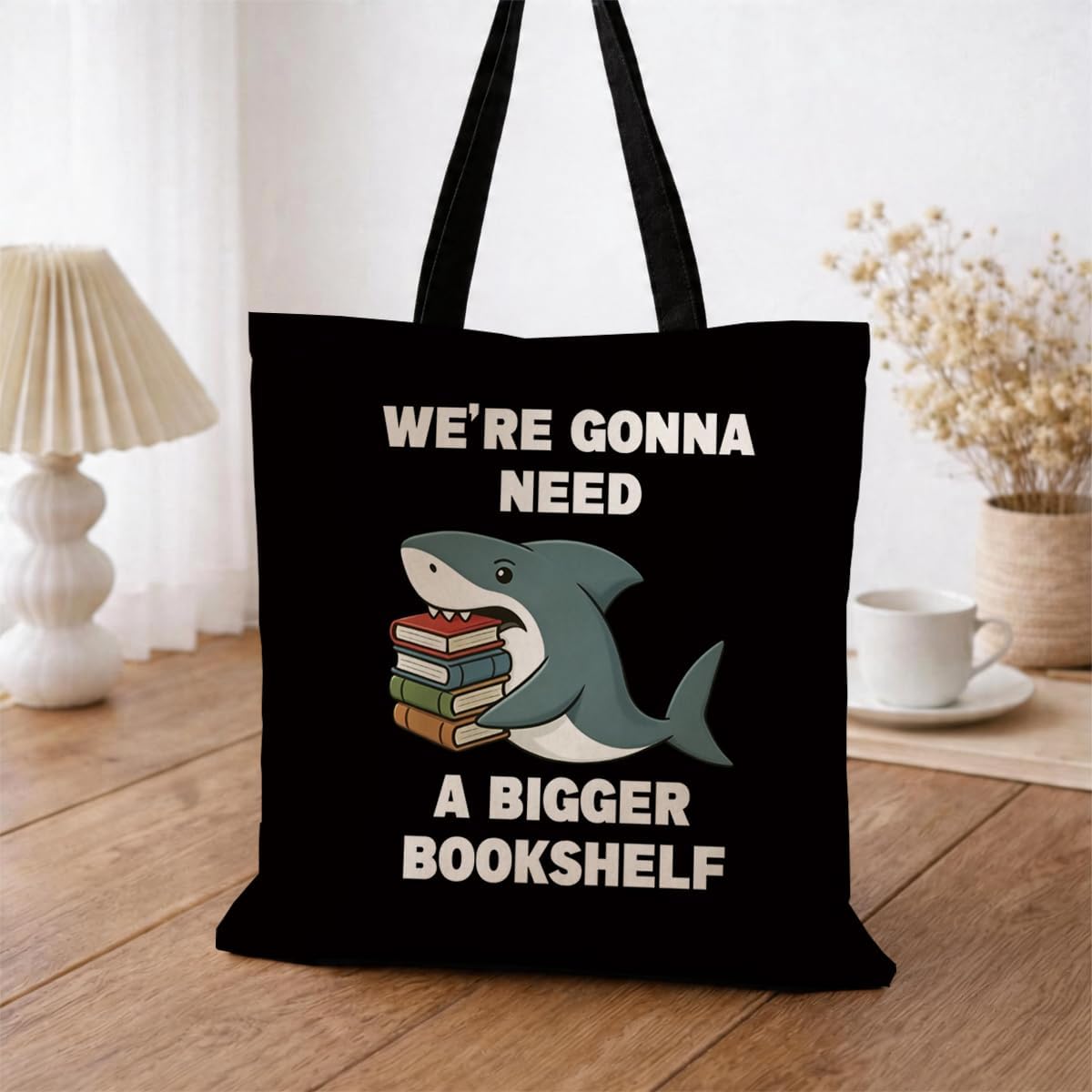 Funny Shark Canvas Tote Bag, We’re Gonna Need A Bigger Bookshelf, Reusable Bookish Shoulder Bag, Reading Animal Carryall for Daily Shopping Library Travel Commute Beach