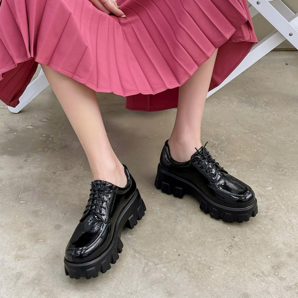 Mocasines Suaves De Charol para Mujer Tacón Alto Grueso Uniforme Zapatos De Vestir Cordones Zapatos De Oficina con Plataforma