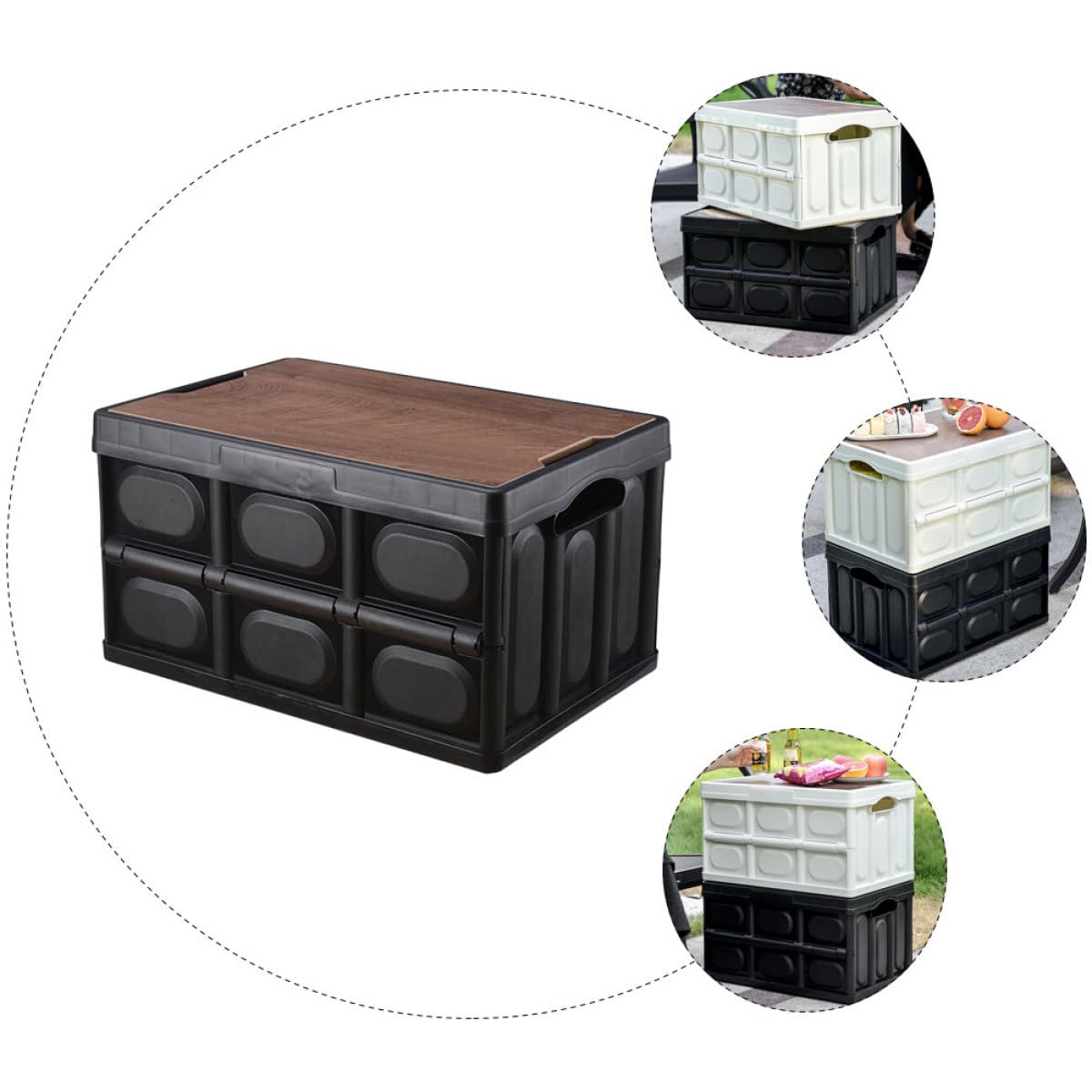 Kofferraum Organizer Faltbare Aufbewahrungsbox mit Holzdeckel Robuste Kunststoffbox 30l Volumen Multifunktionale Aufbewahrungsorganizer mit Fächern für Fahrzeug und Picknick