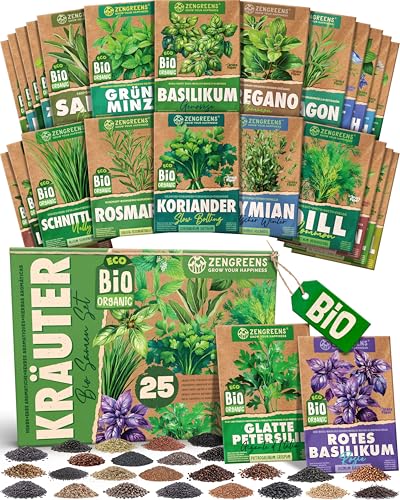 ZenGreens - Bio Kräutersamen im 25er Set - 25 Kräuter Samen für den einfachen Anbau im Garten Balkon oder Hochbeet - Pflanzensamen - Saatgut