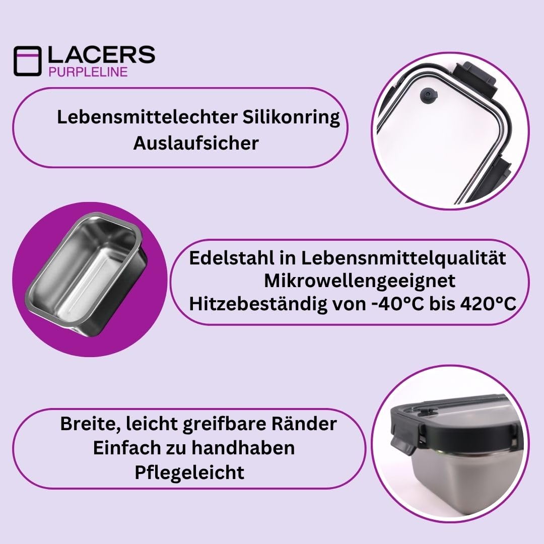 Lacers Purpleline 6-teiliges Edelstahl Vorratsdosen-Set mit Glasdeckeln (800ml/1250ml/1800ml) – auslaufsichere Meal Prep Boxen, BPA-frei, mikrowellengeeignet, ofenfest, spülmaschinengeeignet