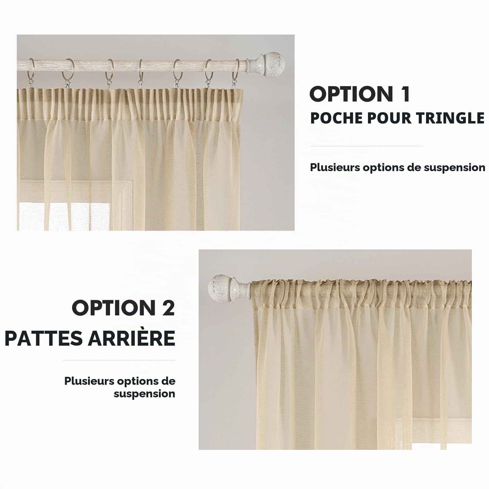 MIULEE Voilage Beige Lot de 2 140x245cm Transparent Galon Fronceur | Voilage Transparent Pour Fenêtre, Rideau Intérieur à Galon Fronceur, Décoration Salon, Chambre et Cuisine