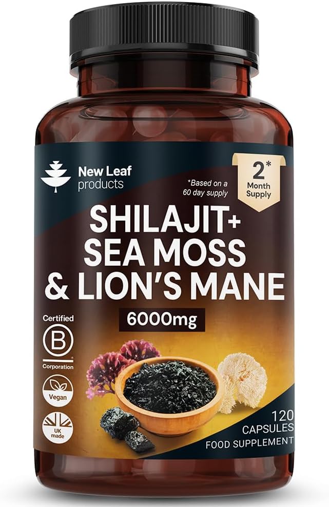 Shilajit Seamoss and Lions Mane Capsules 6000mg - High Strength Complex - 60% Fulvic Acid Shilajit, Irish Sea Moss, Lions Mane 100% Fruiting Body - Vegan, UK Made 120 Capsules