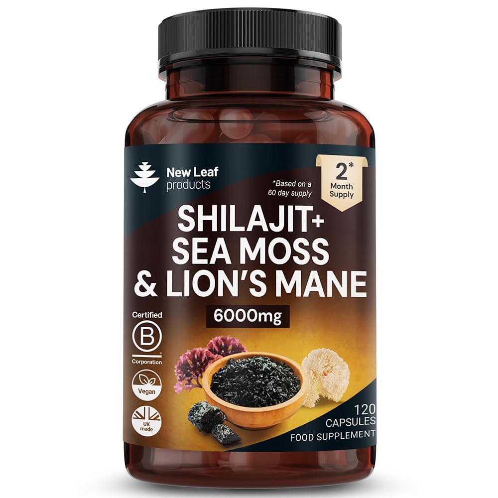 New Leaf Shilajit, Sea Moss & Lions Mane Capsules 6000mg, 120 Capsules