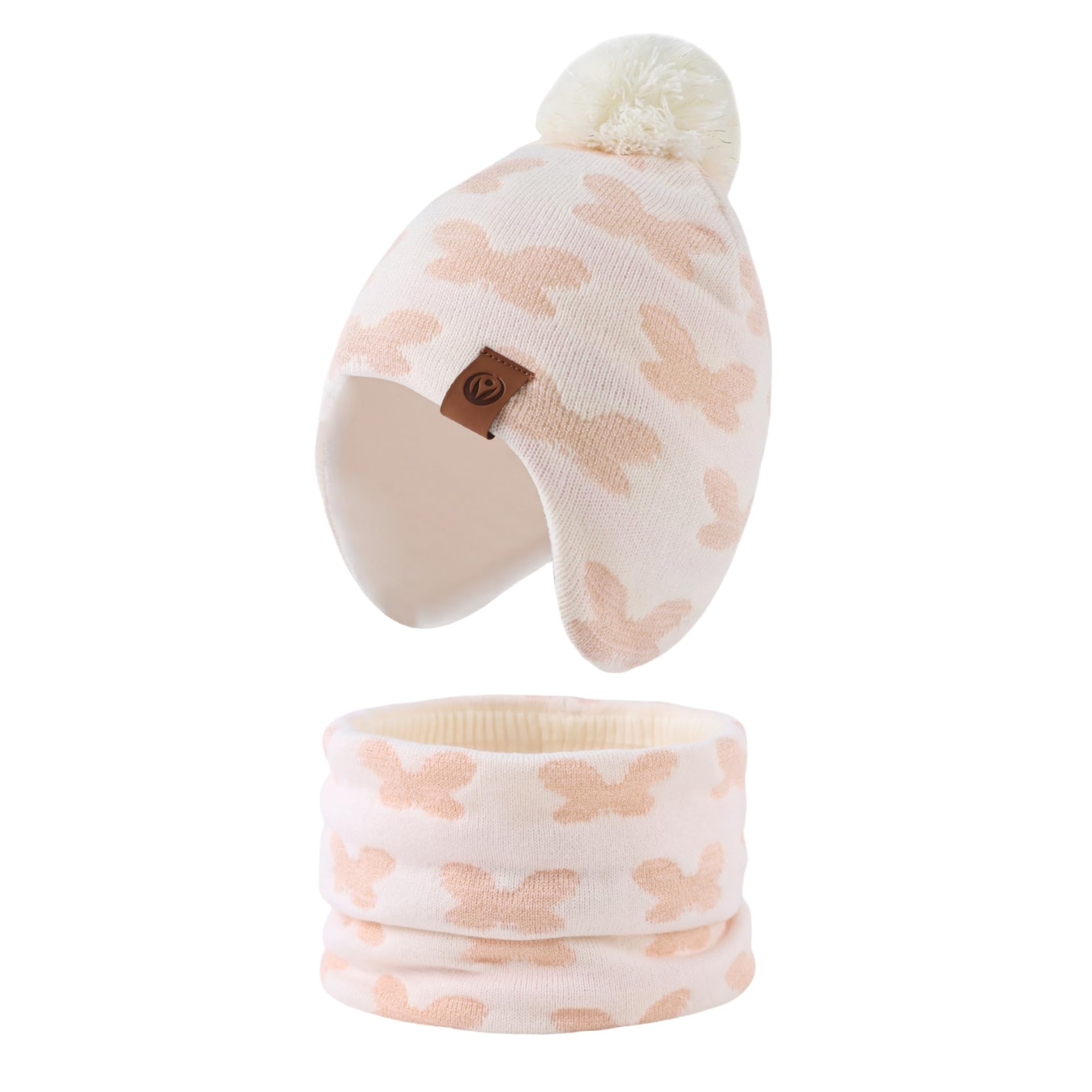 Pesaat Baby Hat Scarf Knitted Kids Beanie Toddler Boys Girls Winter Hats Fleece Lining Beanies with Pompom(White Set, L)