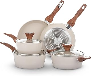 KASANOVA New Ceramic Ceramic Saucepan and Pan Set with Ceramic Coating, Induction Safe, Non-Stick Pots and Pans with Glass Lids (Cream, 8-Piece)