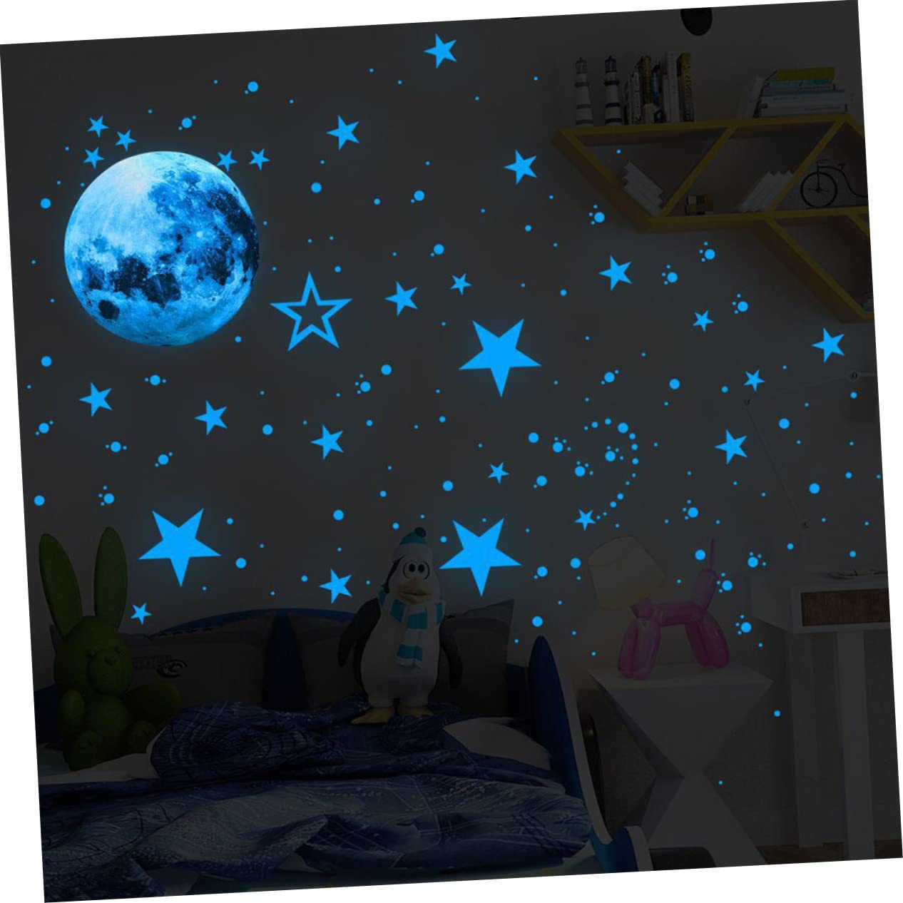 ibasenice 3zestawy Wall Stickers Do Pokoju Dziecięcego Samoprzylepne Naklejki Świecące Ciemności z Księżycem i Gwiazdami Księżyc Gwiazdek Punktów Decoracyjnych