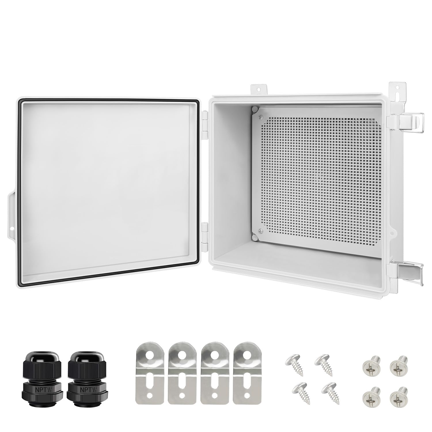 LeMotech Electrical Box, IP67 Waterproof Hinged Cover Stainless Steel Latch Junction Box, ABS Plastic Electrical Enclosure with Mounting Plate,Wall Brackets, Cable Glands, 11.8"x11.8"x7.1", Grey