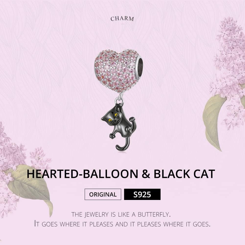 Hearted-Balloon & Black Cat Charm 925 Sterling Silver Charm Fits For Pandora Bracelet, European Charms Bracelet, Women Gift