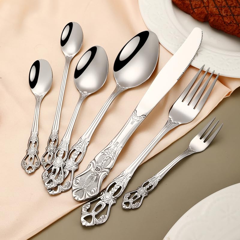 Posate in Argento, Set di Posate, Posate in Acciaio Inox da 7 Pezzi e Cucchiaio, Set di Posate per Bistecca, Posate per Bistecca per Ristorante dell'hotel,Gold-12Set