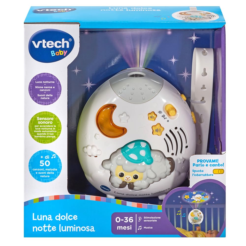 VTech Luna, Dolce Notte Luminosa, Luce Notturna Bambini, Luce Musicale con 40 Melodie e 2 Canzoni, Modalità Ninna Nanna e Suoni della Natura, Lingua Italiana, Batterie Incluse, 0-36 Mesi