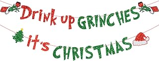 JOZON Red Green Glittery Drink Up It's Christmas Banner Christmas Garland Banner for Xmas Party Decorations Christmas Decor for Home Wall Mantle Fireplace Party Supplies