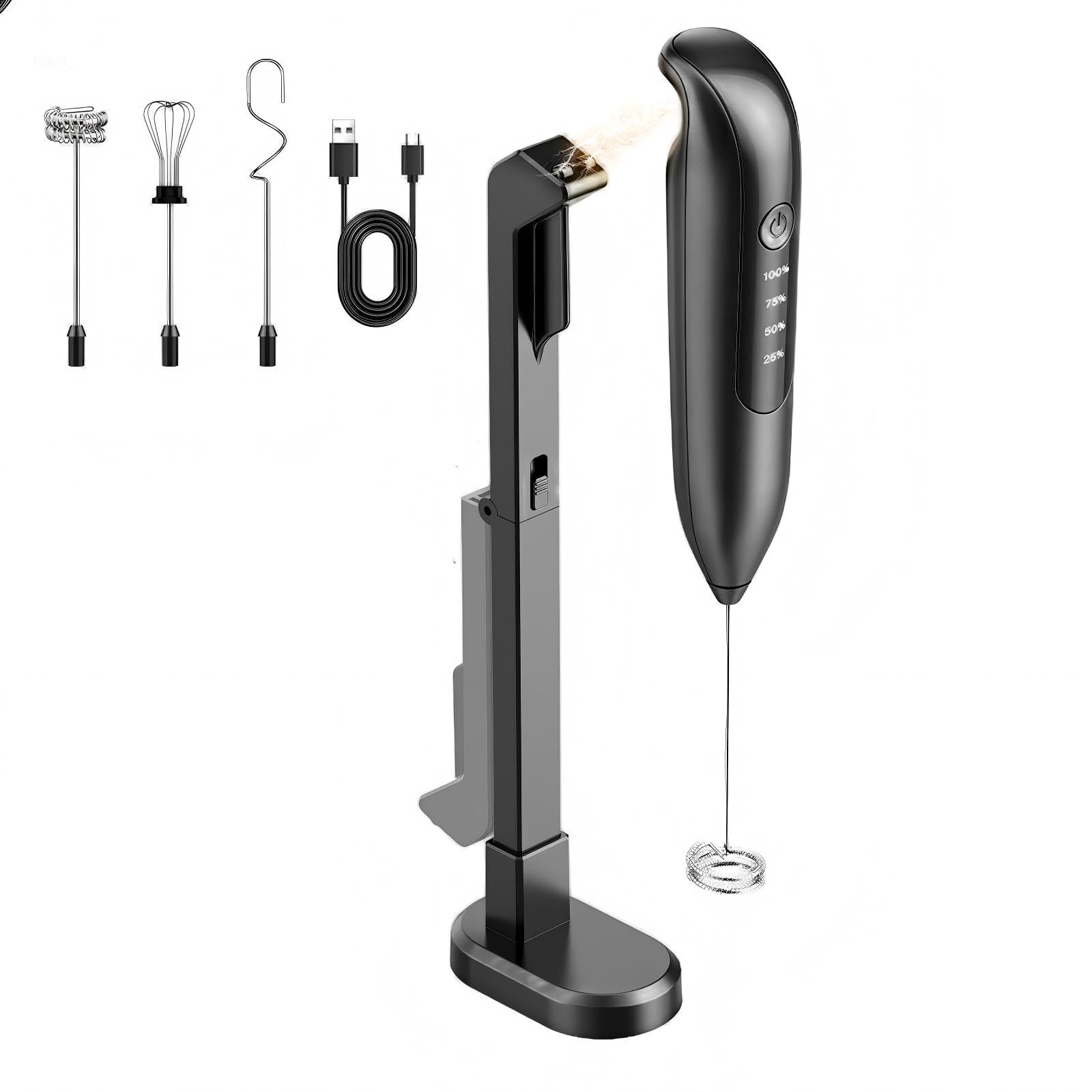 electric milk frother handheld: rechargeable 3 in 1 - led digital display with 3 speeds portable stainless steel drink foam mixer for milk coffee, lattes, valentine's day gifts - onyx black