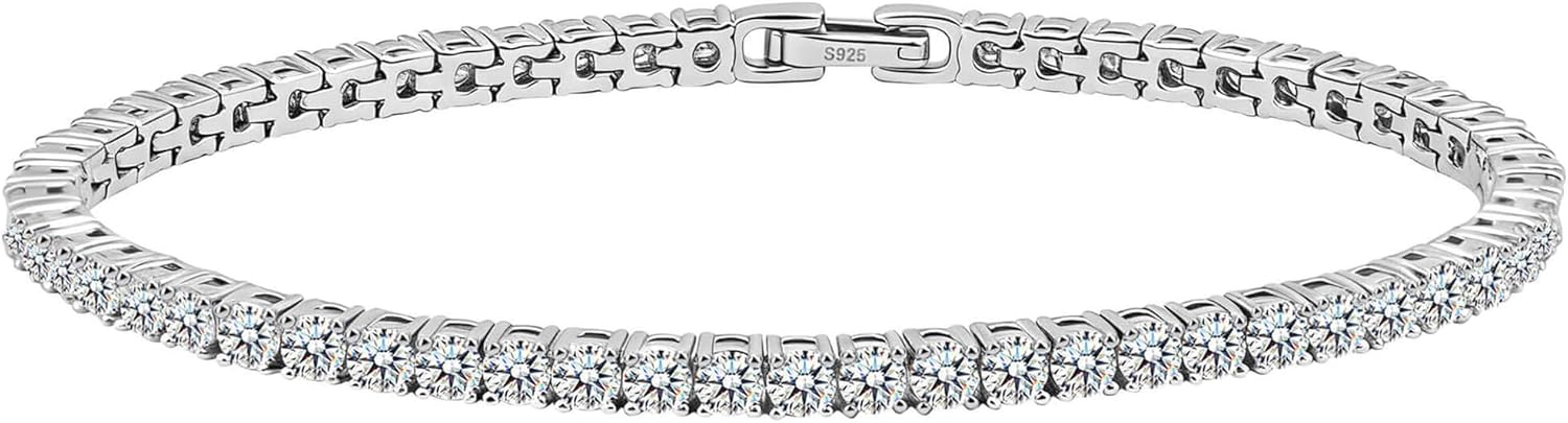WES Moissanite Tennis Bracelets for Women - Total 5.5ct D Color VVS1 925 Sterling Silver Classic 3mm Round Cut Moissanite Bracelet for Women Men, Size 6.5-7.5 inch