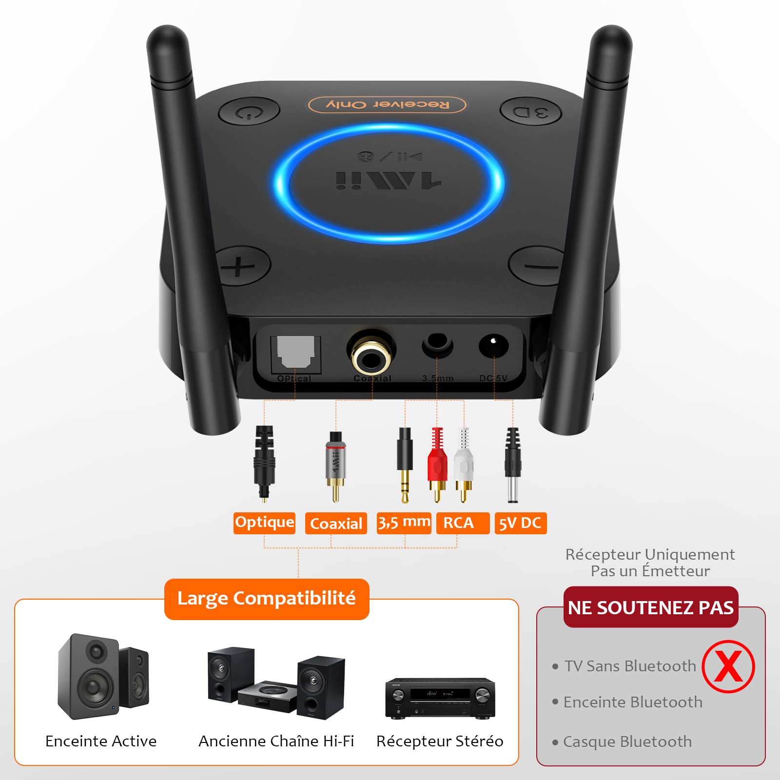 1Mii B06Pro Recepteur Bluetooth 5.3, Longue Portée Adaptateur Audio sans Fil Hi-FI, avec 3D Surround aptX HD&LL, RCA Optique AUX 3,5 mm Coaxial pour Système Stéréo Domestique