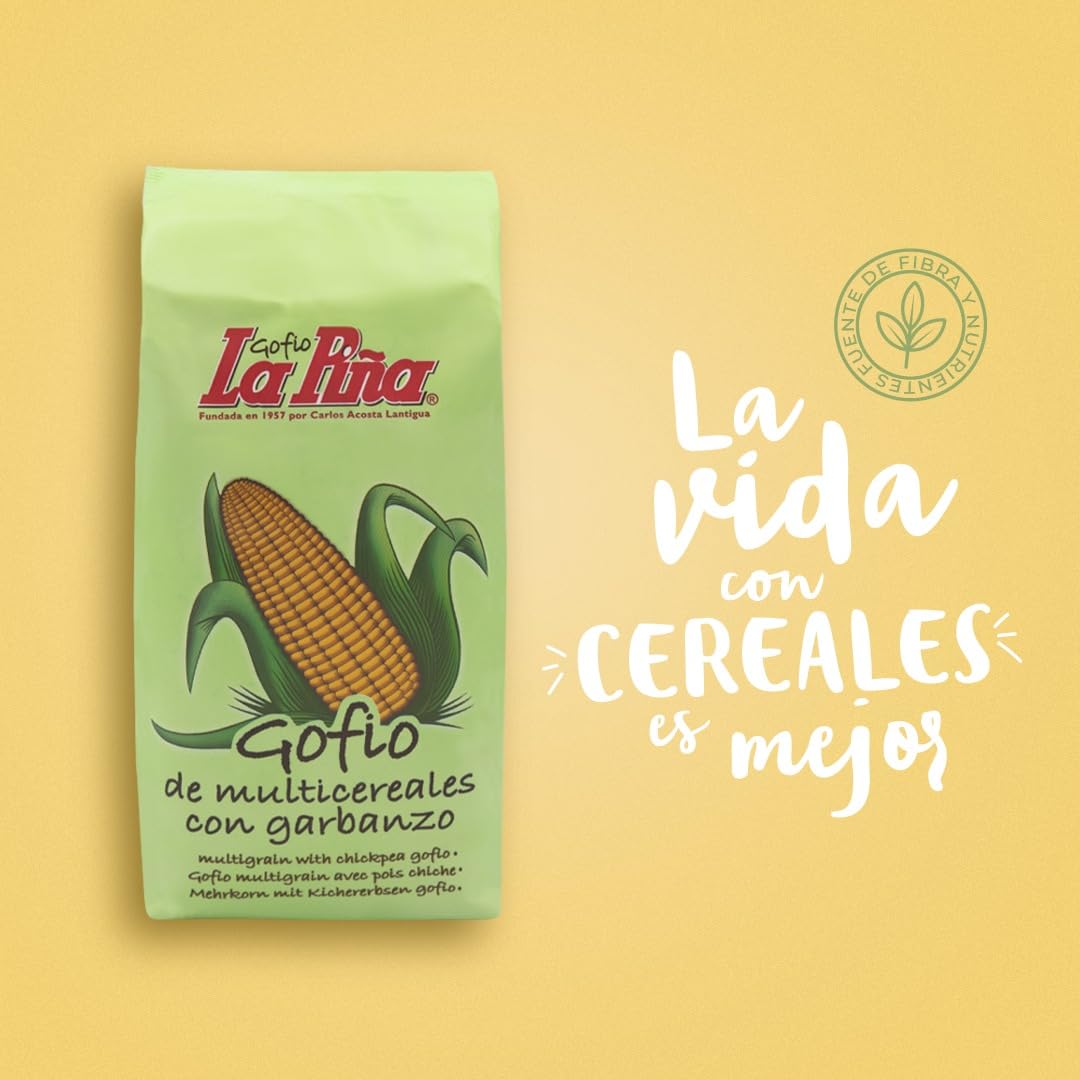 Gofio La Piña Multicereales con Garbanzo 500g | Gofio Canario de Cereales y Legumbre Tostados | Fuente Natural de Fibra y Proteínas Vegetales | Rico en Minerales | Ideal para Desayunos y Recetas