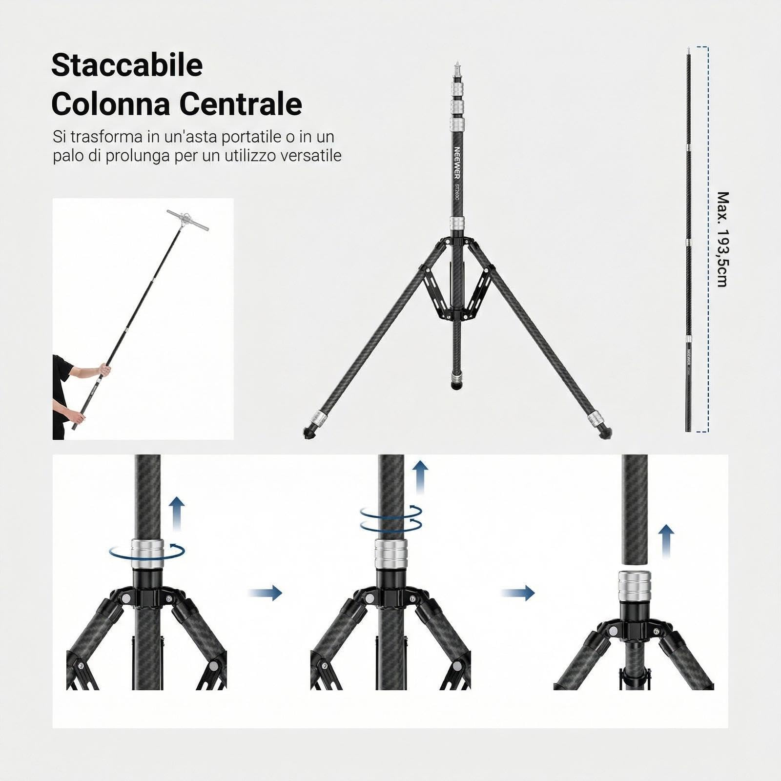 NEEWER Treppiede Luce in Fibra Carbonio con Gambe Reversibili, Stativo Luci Fotografiche Portatile Leggero 89-260cm per Strobo Softbox Ring Light Action Cam DSLR per Streaming Video, Max 3kg, ST260C
