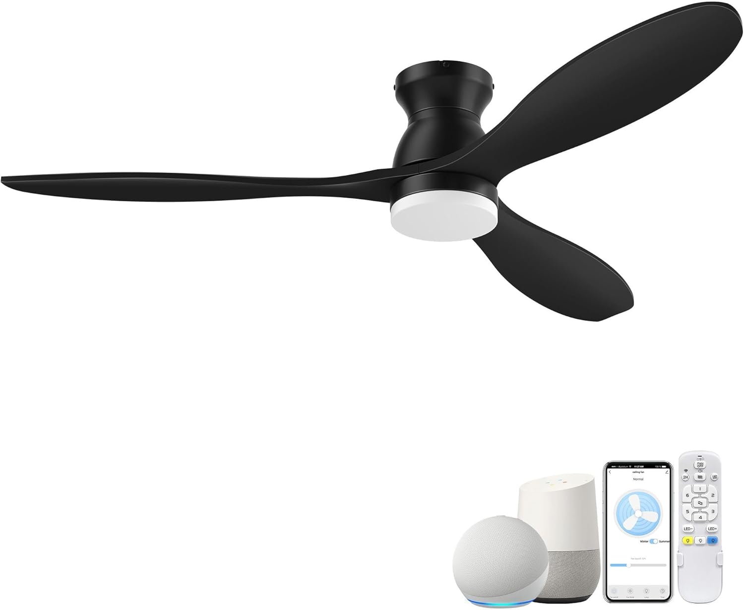52" Wood Ceiling Fans with Lights,Smart Control via Remote Alexa App,Quiet DC Motor,Dimmable,6-Speed,Flush Mount Low Profile Ceiling Fan for Bedroom,Living Room,Patio, Outdoor Indoor,Matte Black
