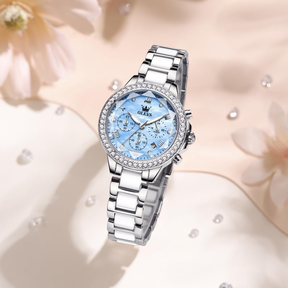 Orologio da donna in ceramica di lusso, con cronografo con cristalli scintillanti, orologio analogico al quarzo con 6 lancette con data, lancette luminose, impermeabile, elegante orologio da polso da