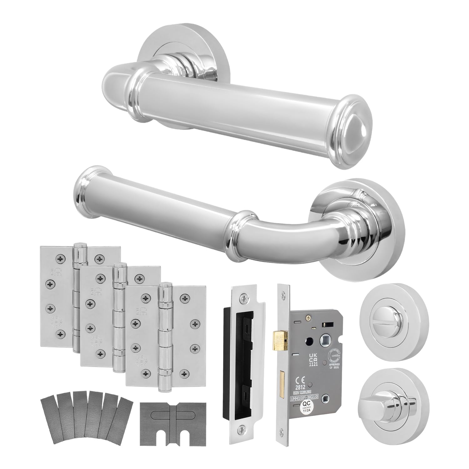 Eai Polished Chrome Chrome Fire Door Handle Bathroom Set, Internal Fire Rated Door Handle With 80Mm Bathroom Lock And 102Mm Hinges, Cerro Range 1 Pack