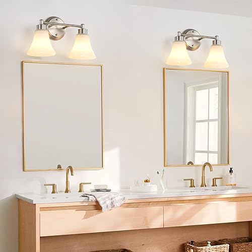 Miniatura 4 de LOUSACE Lámpara de tocador de baño de 2 luces de níquel cepillado sobre espejo con vidrio esmerilado blanco ópalo, accesorio de iluminación de pared