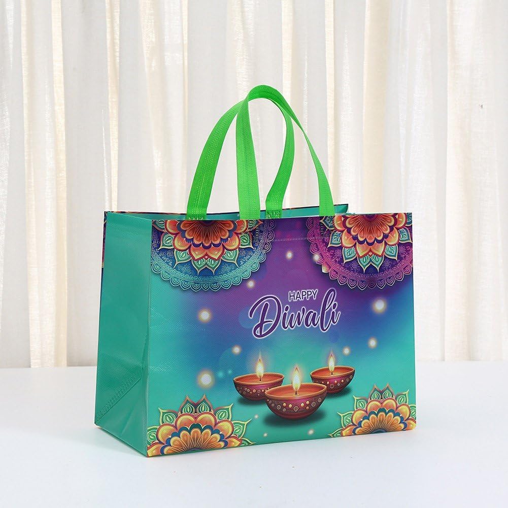 12 torebek na prezenty Happy Diwali, z włókniny, z kolorowymi nadrukami fajerwerków, wielokrotnego użytku, z uchwytem