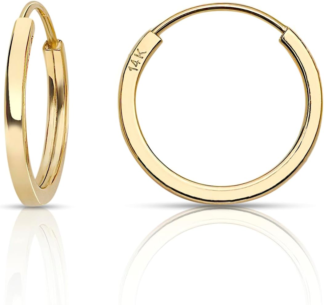 Olivia's Collection 14K White or Yellow Gold Lightweight Square Endless Hoop Earrings (10–20mm), True 1.0mm Width, Perfect for Lobe, Upperlobe Piercings, Unisex Design for Women, Men, and Teens