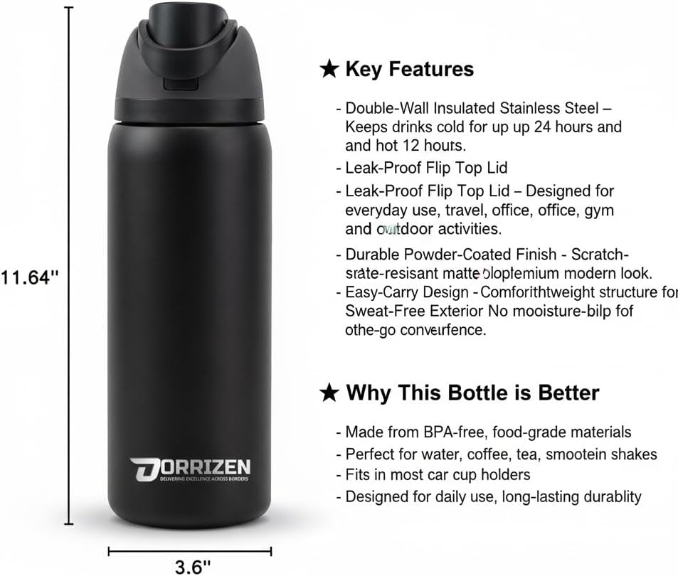 Insulated Stainless Steel Water Bottle with Straw for Sports, Travel, and School BPA-Free Sports Water Bottle, 24 oz, Beach House (Black) - Image 3